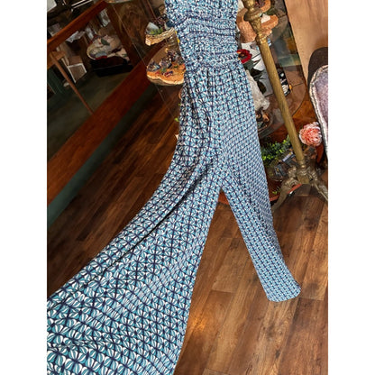 Blue Geometric Jumpsuit with Smocked Waist and pockets!