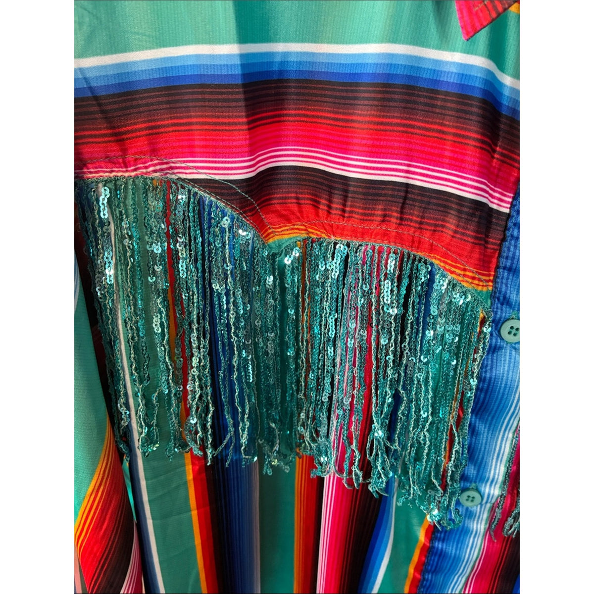 L&B Teal Multicolor Striped Sequin Fringe Silk Shirt