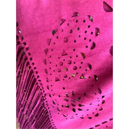L&B Magenta Fringe Laser-Cut Poncho Sweater