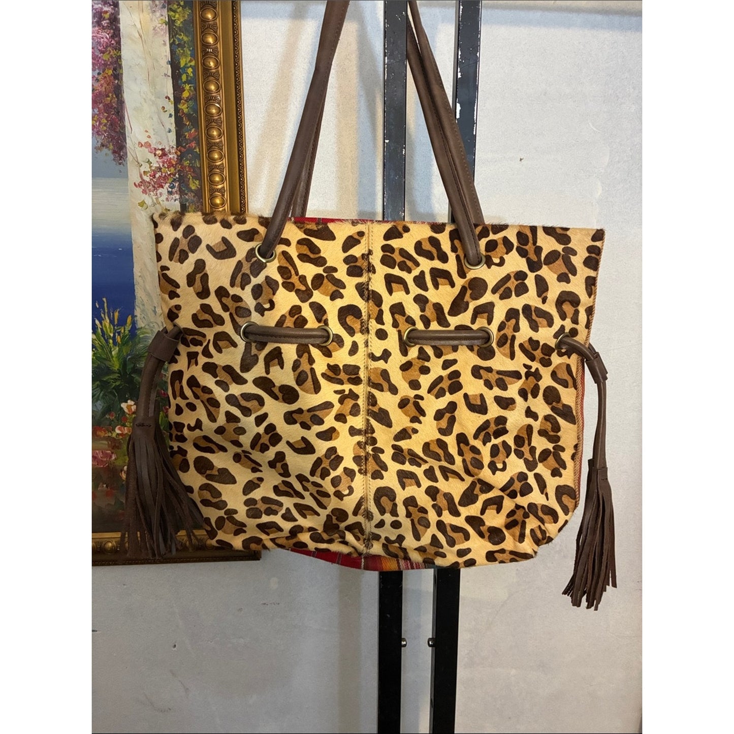 Striped Multicolor Tote Bag with Brown Handles