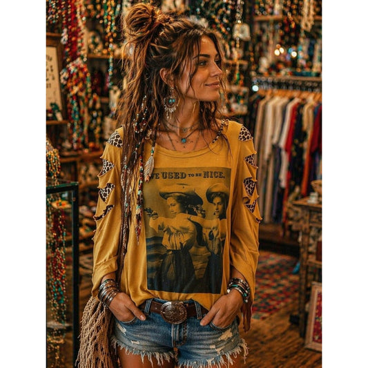 Used to be Nice Yellow Long Sleeve Top with Graphic Print