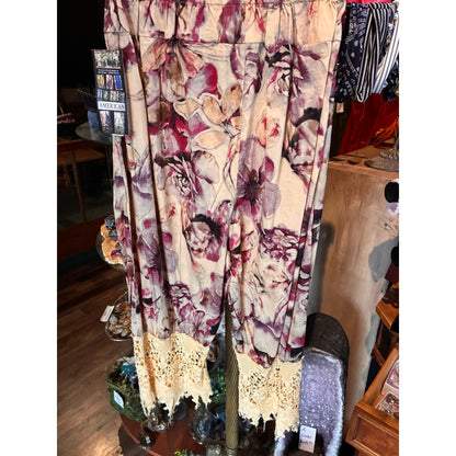 Bohemian Floral Crochet Hem Wide-Leg Pants - Beige & Plum "Bloomers"
