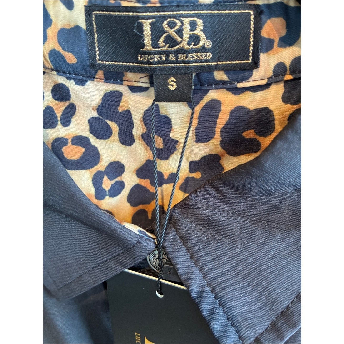 L&B Black Button-Down Shirt with Leopard Trim Accents