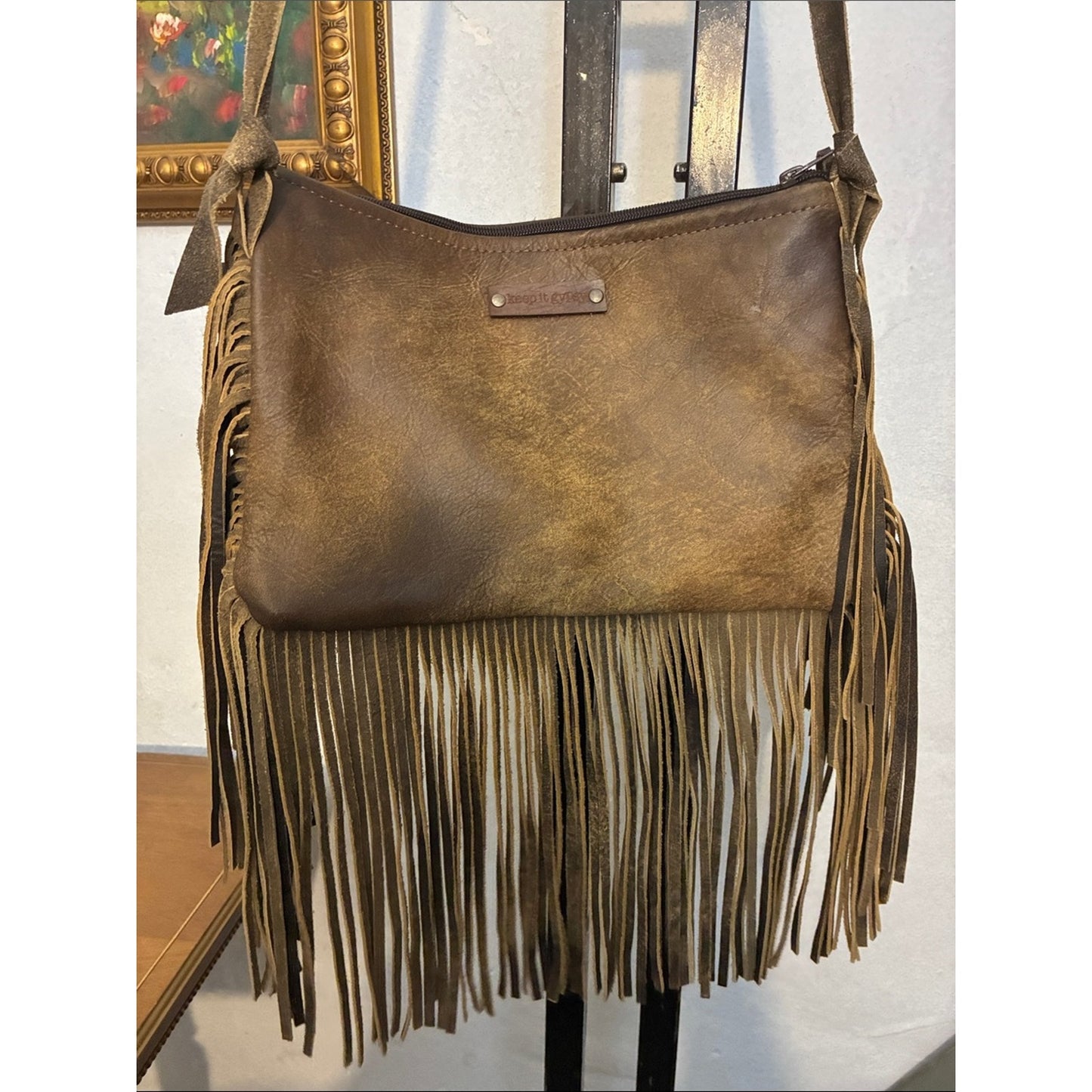 Fringed Shoulder Bag in Brown Cowhide