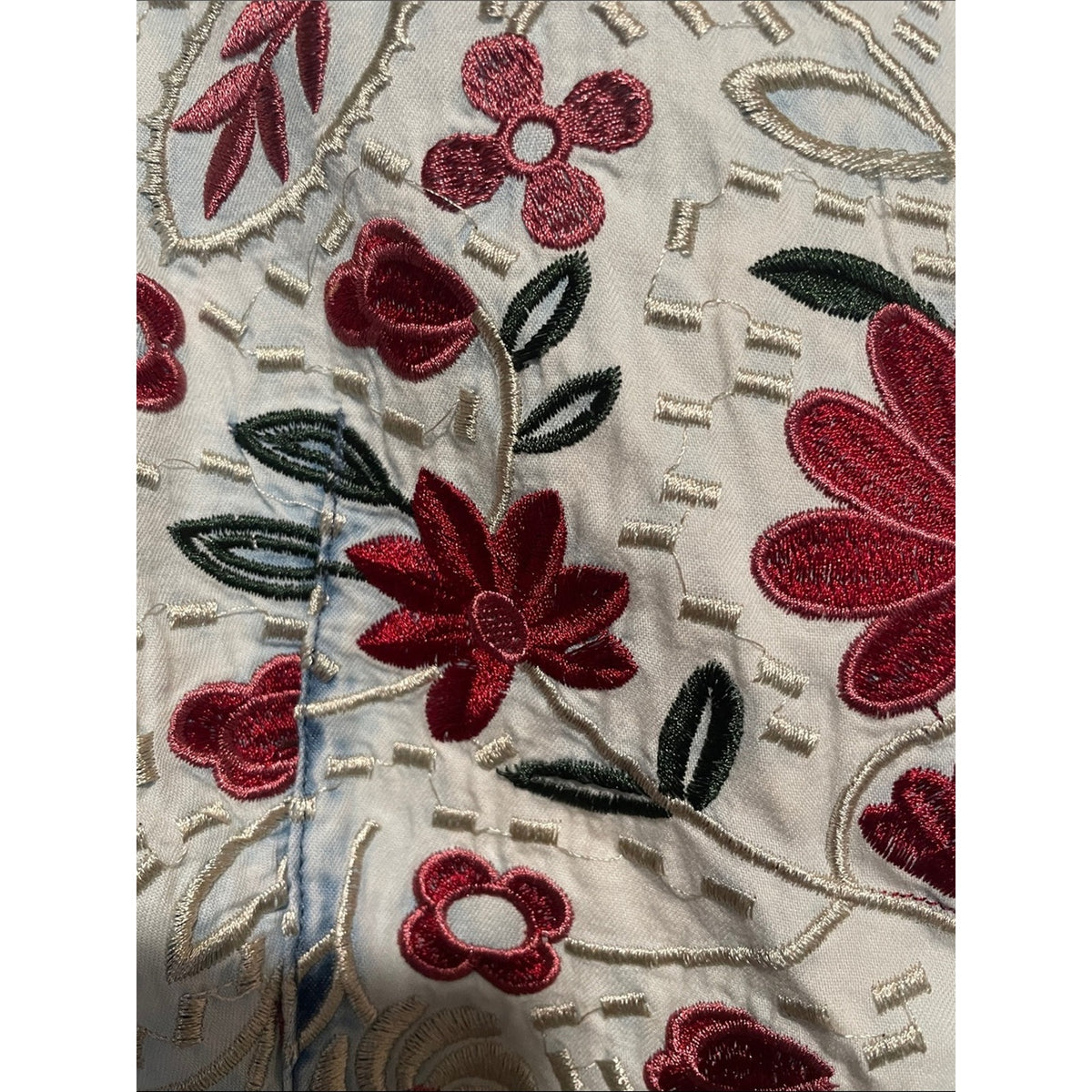 Lucky & Blessed Light Wash Denim Button-Down with Red Floral Embroidery