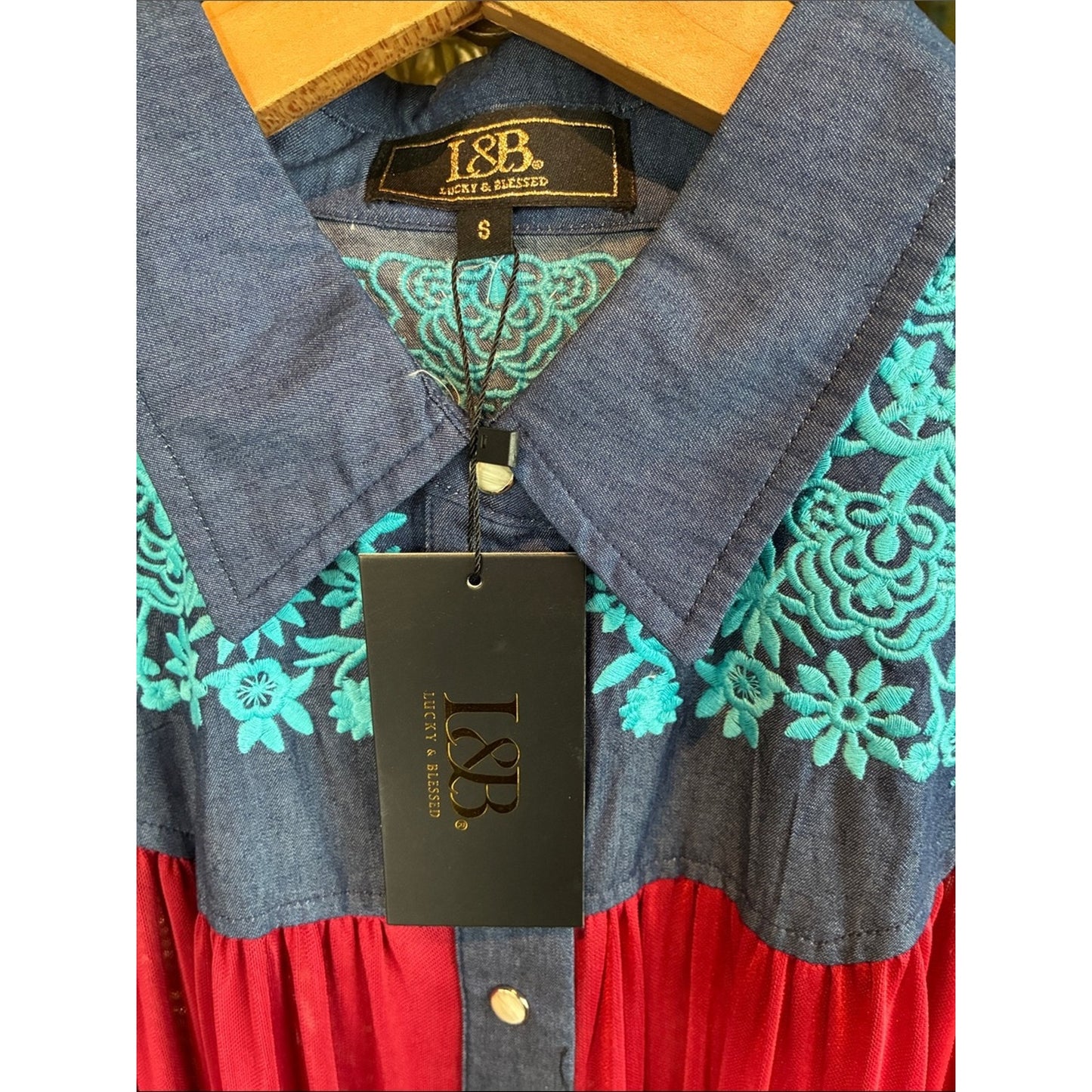 Boho Sheer Longline Shirt Dress - Red with Blue Embroidered Yoke