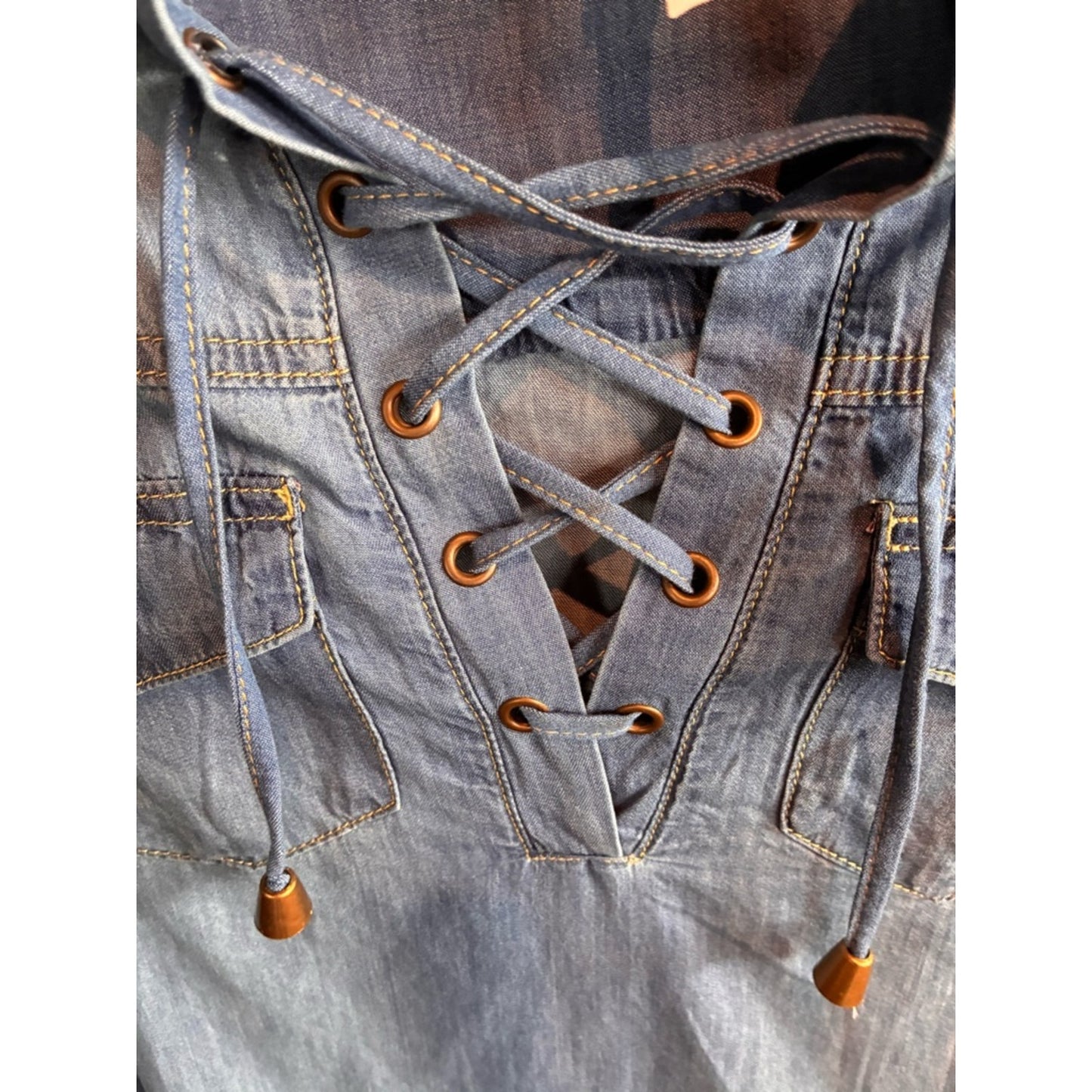Lace-Up Light Denim Tunic Top