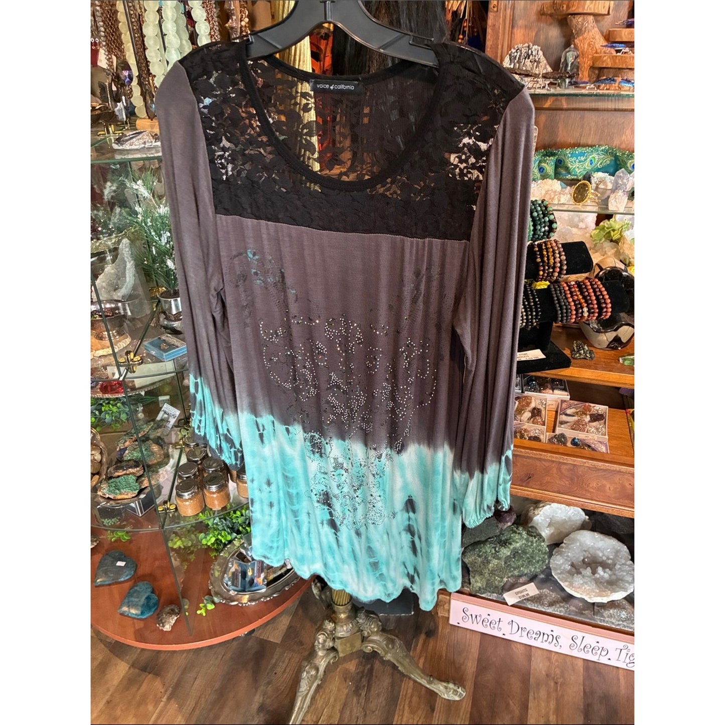 Women's Lace Yoke Dip-Dye Top in Brown and Teal