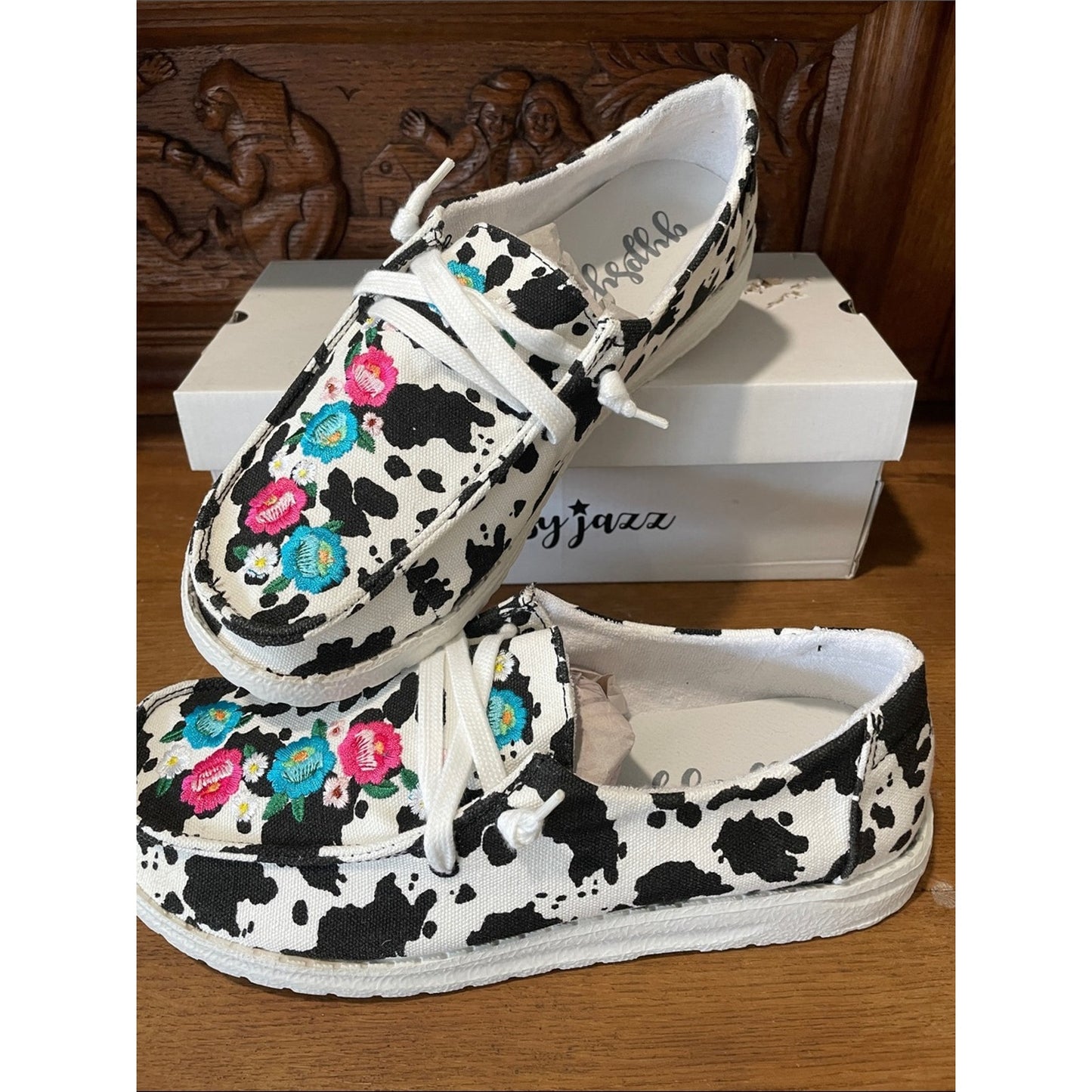 Gypsy Jazz Cow Print Canvas Shoes with Pink & Teal Floral Embroidery