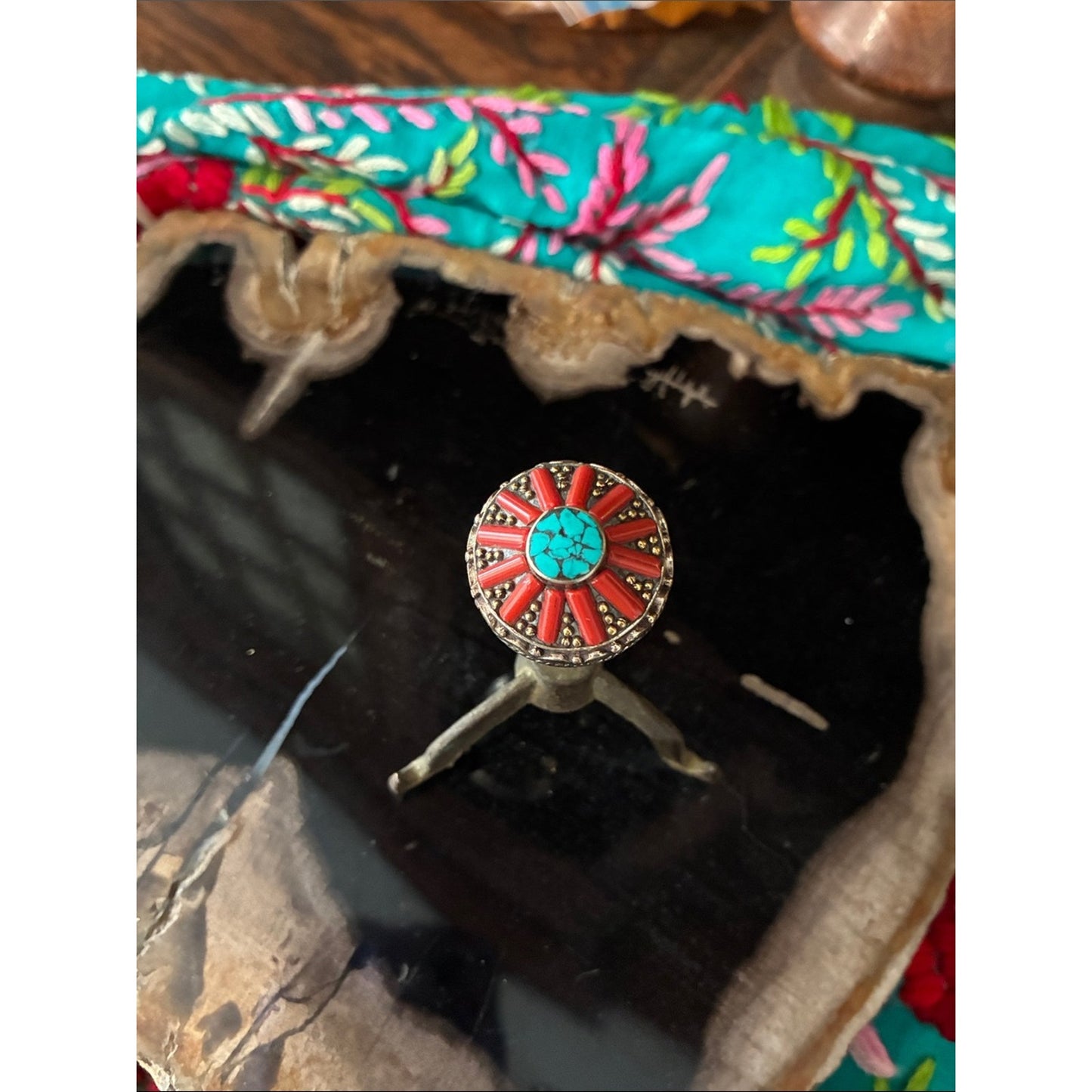 Turquoise & Coral Sunburst Ring - Women Jewelry
