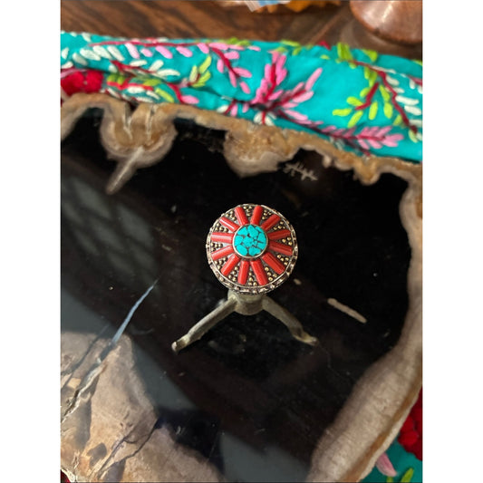 Turquoise & Coral Sunburst Ring - Women Jewelry