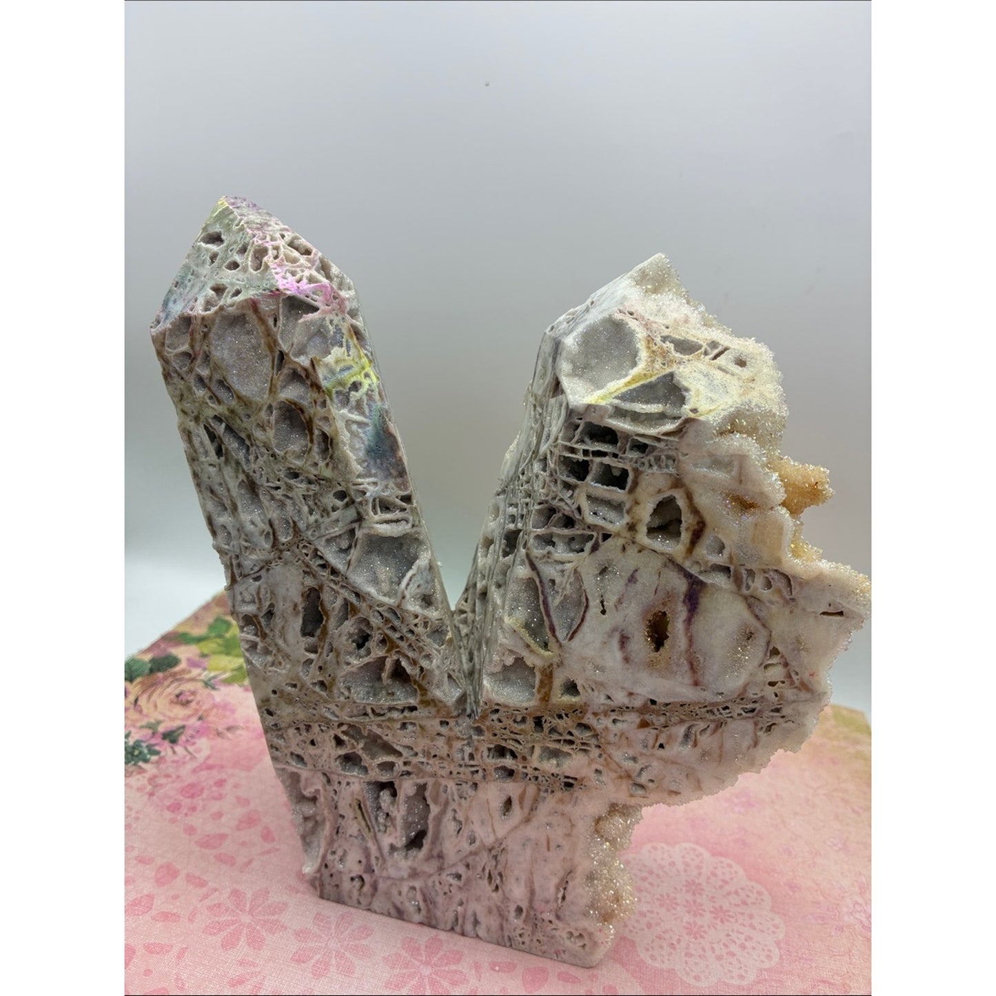 Sparkling Druzy Crystal Sculpture - White & Cream with Iridescent Accents Rock