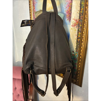 Fringe Leather Backpack with Turquoise Cowhide Flap