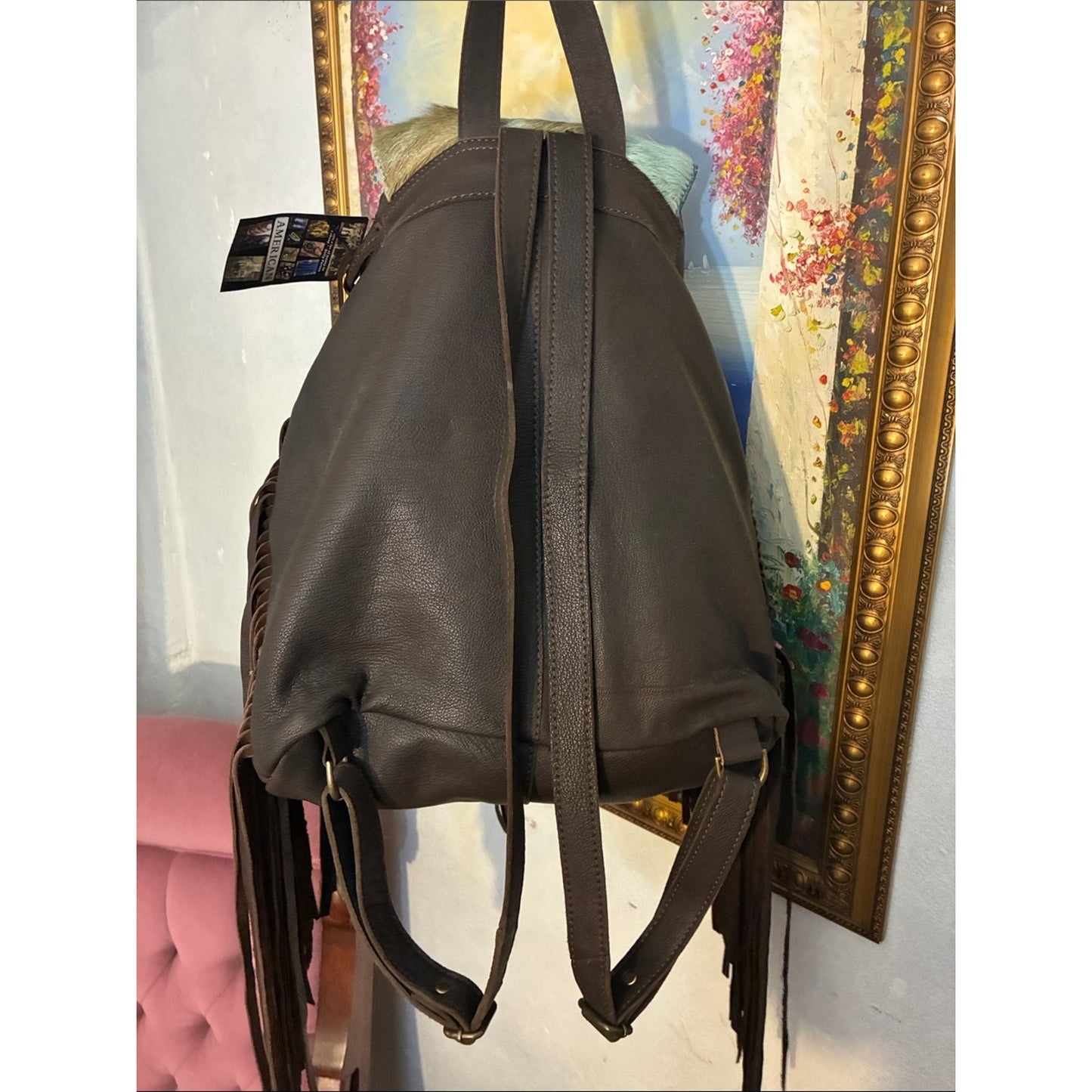 Fringe Leather Backpack with Turquoise Cowhide Flap