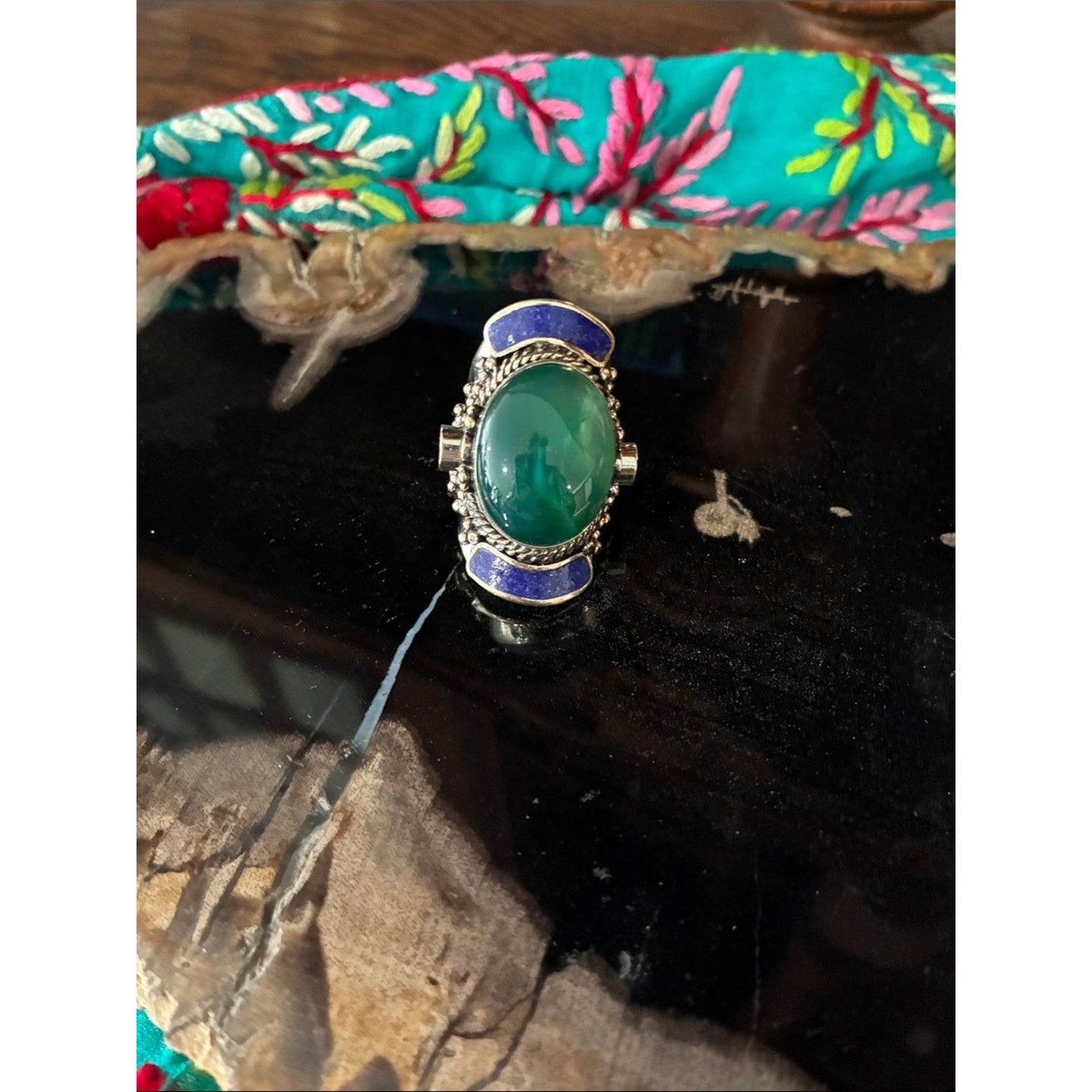Green Stone Silver-Tone Statement Ring - Green