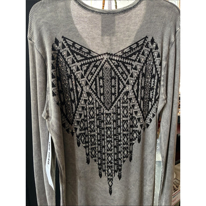 Vocal Gray Long Sleeve Waffle Knit Top with Black Geometric Aztec Print