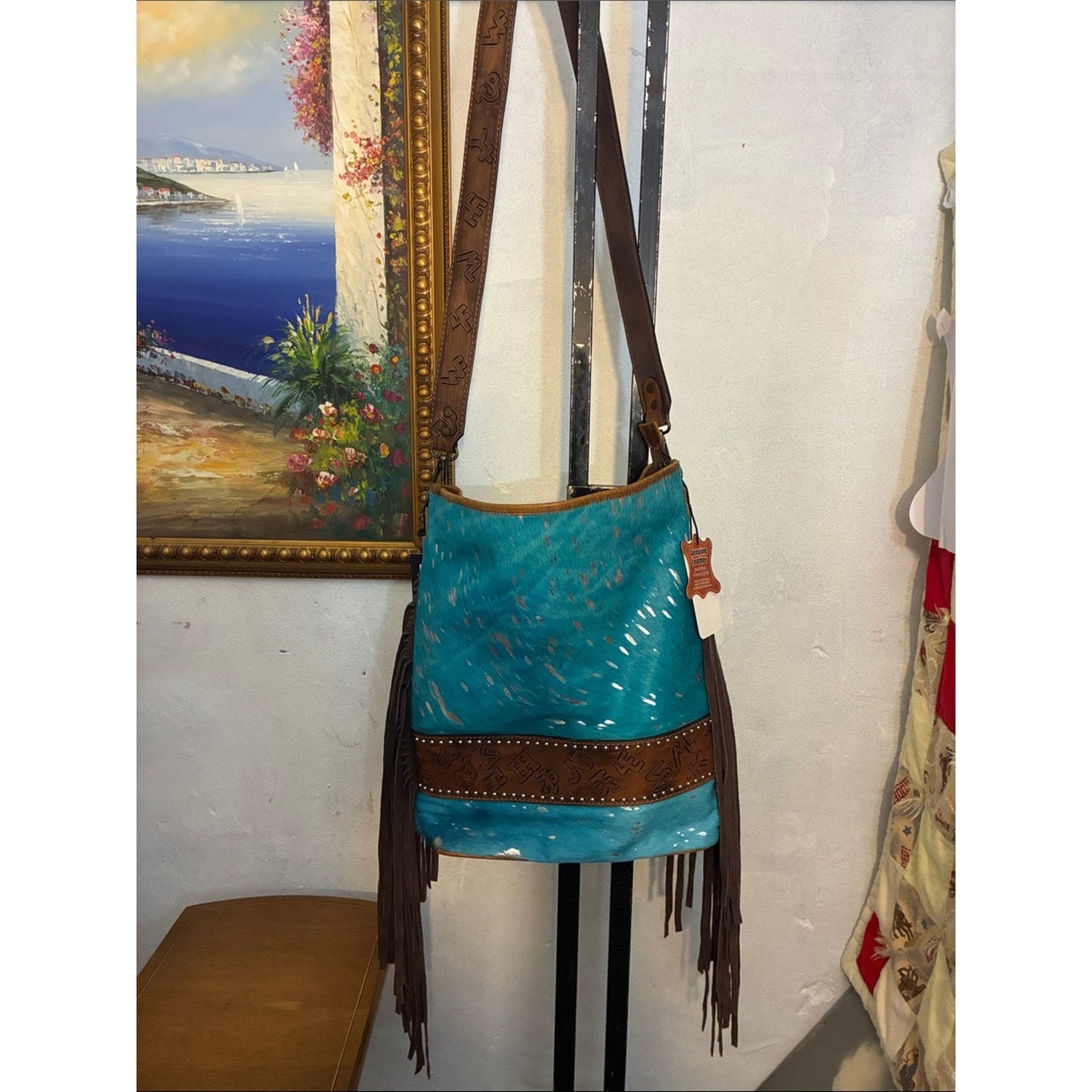 Turquoise Fringe Crossbody Bag with Brown Leather Trim