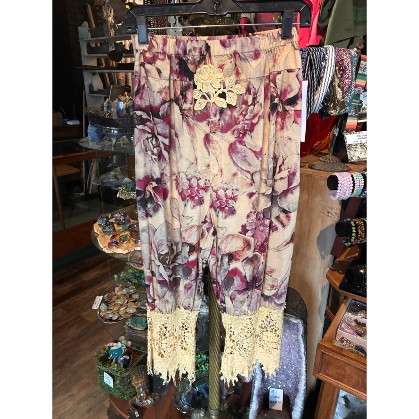 Bohemian Floral Crochet Hem Wide-Leg Pants - Beige & Plum "Bloomers"