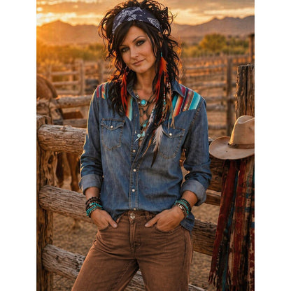 L&B Blue Denim Shirt with Multicolor Striped Yoke
