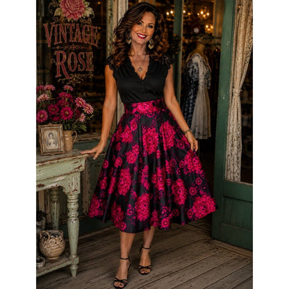 Talbots Women's Black Skirt with Fuchsia Floral pattern