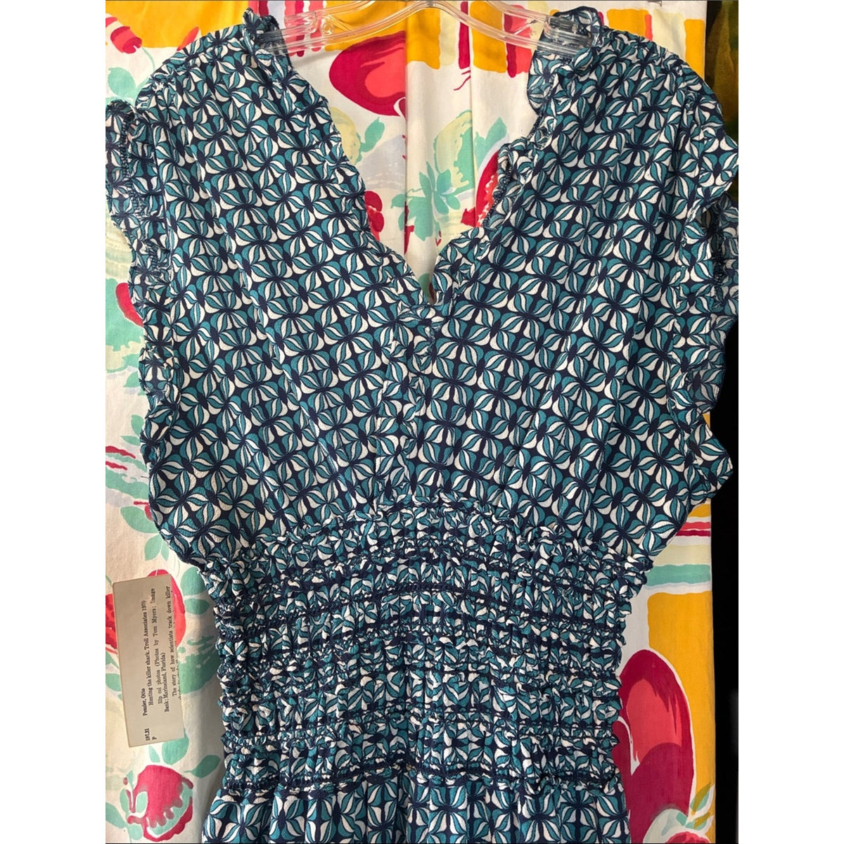 Max Studio Smocked Waist Blue Patterned Women's Jumpsuit