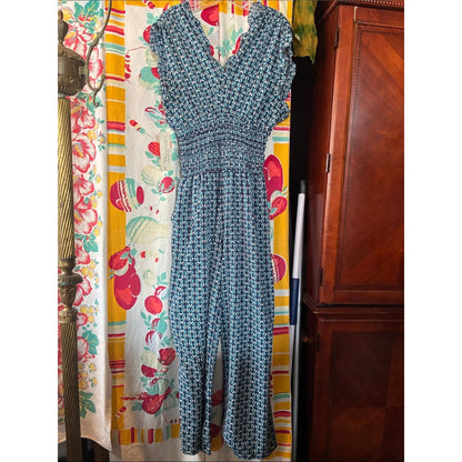 Max Studio Smocked Waist Blue Patterned Women's Jumpsuit