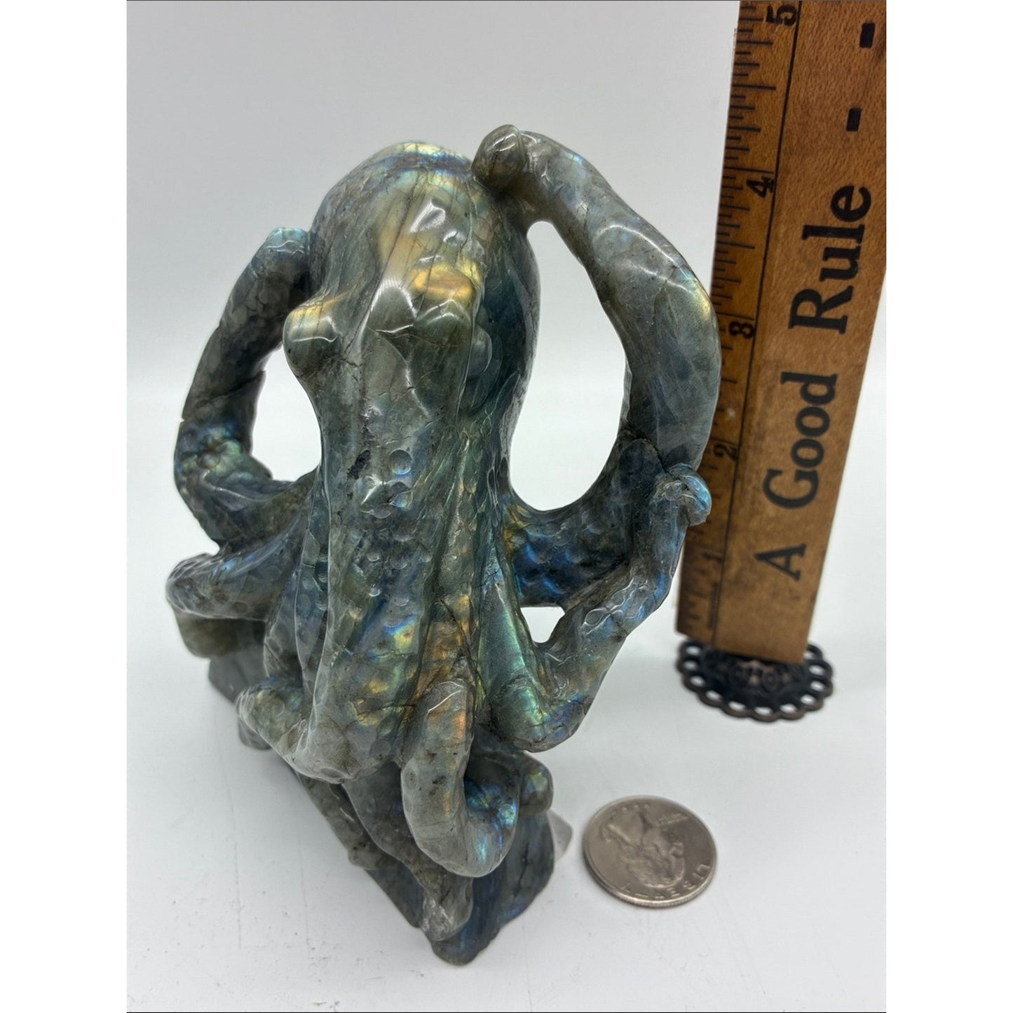 Hand-Carved Labradorite Octopus Sculpture - Iridescent Blue-Green ROCK