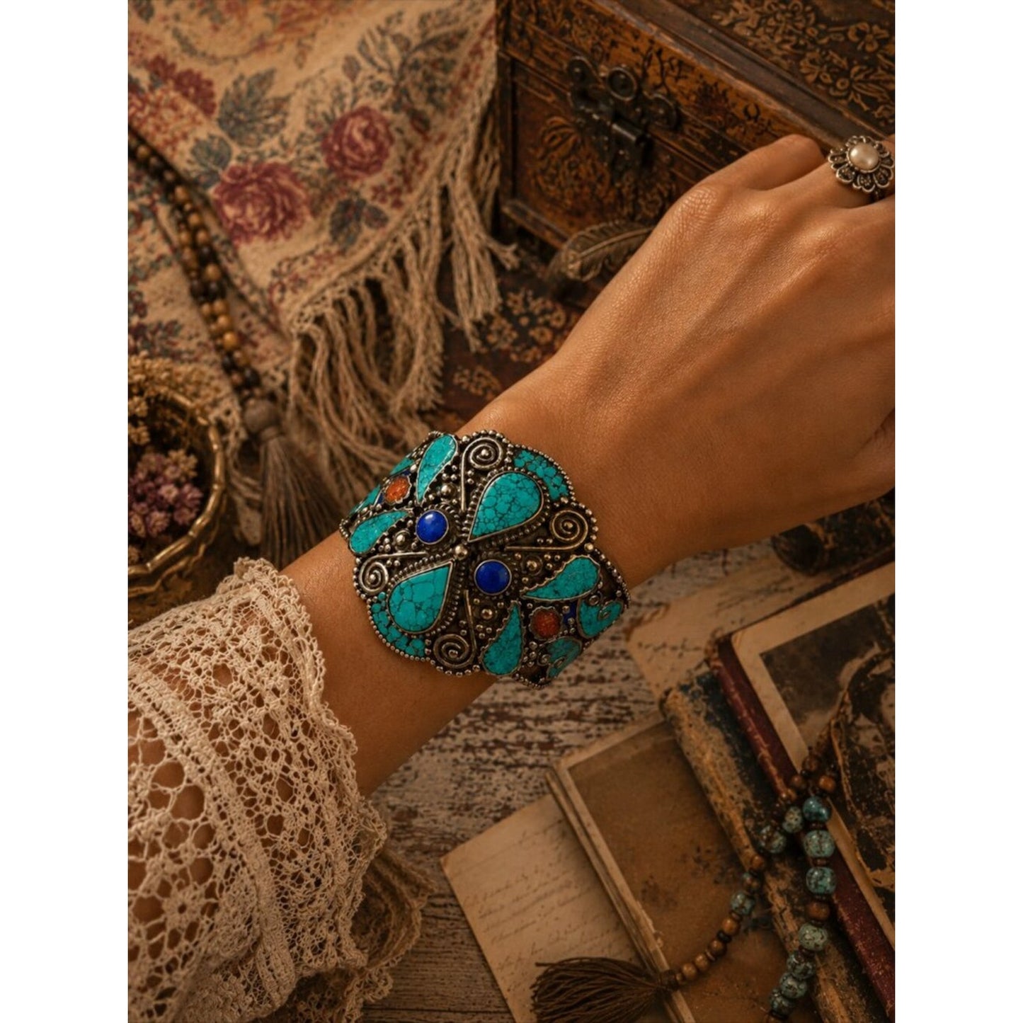 Turquoise & Lapis Statement Cuff Bracelet - Women Jewelry
