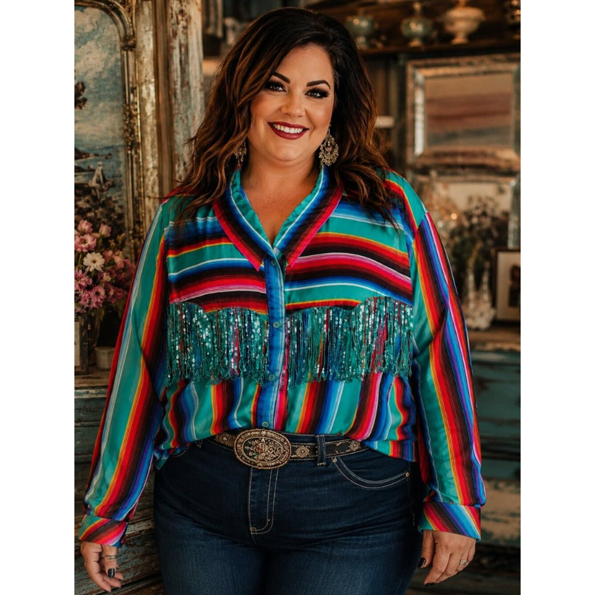L&B Teal Multicolor Striped Sequin Fringe Silk Shirt