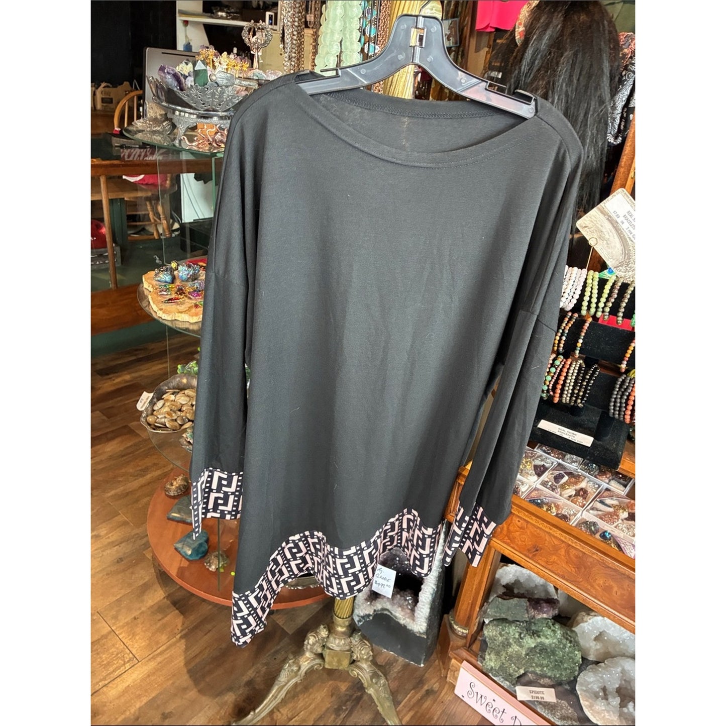 new directions Black Pullover Tunic with Geometric Hem