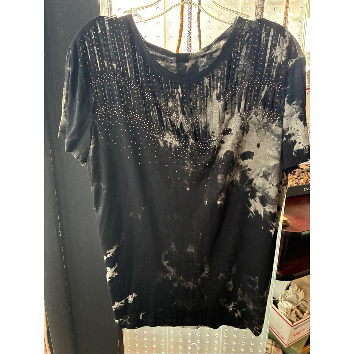 Vocal Black Tie-Dye Short Sleeve Top with Silver Studs
