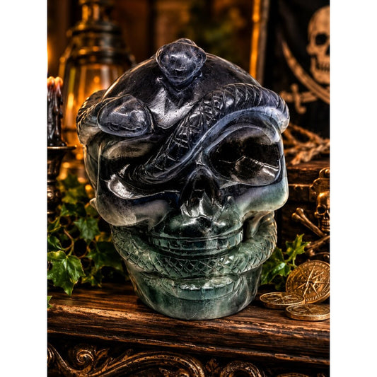 Hand-Carved Dark Purple Green Crystal Skull Sculpture Rock