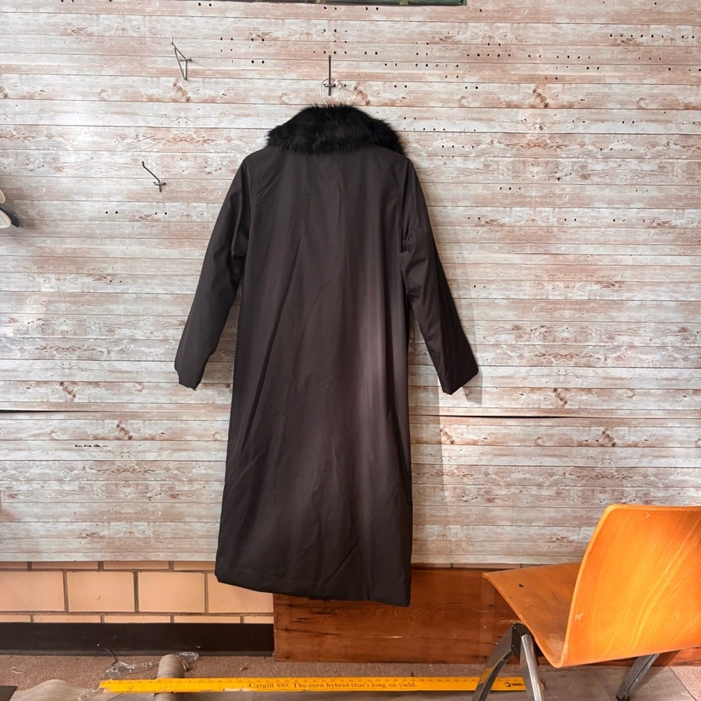 dennis basso Black Long Trench Coat with Faux Fur Trim
