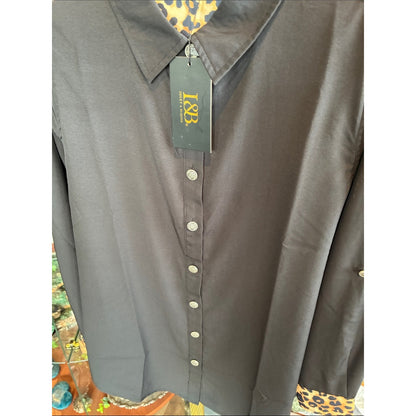L&B Black Button-Down Shirt with Leopard Trim Accents