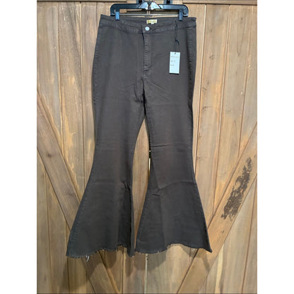 Plus size Home Folk Grey-Brown Flare Jeans with Frayed Hem