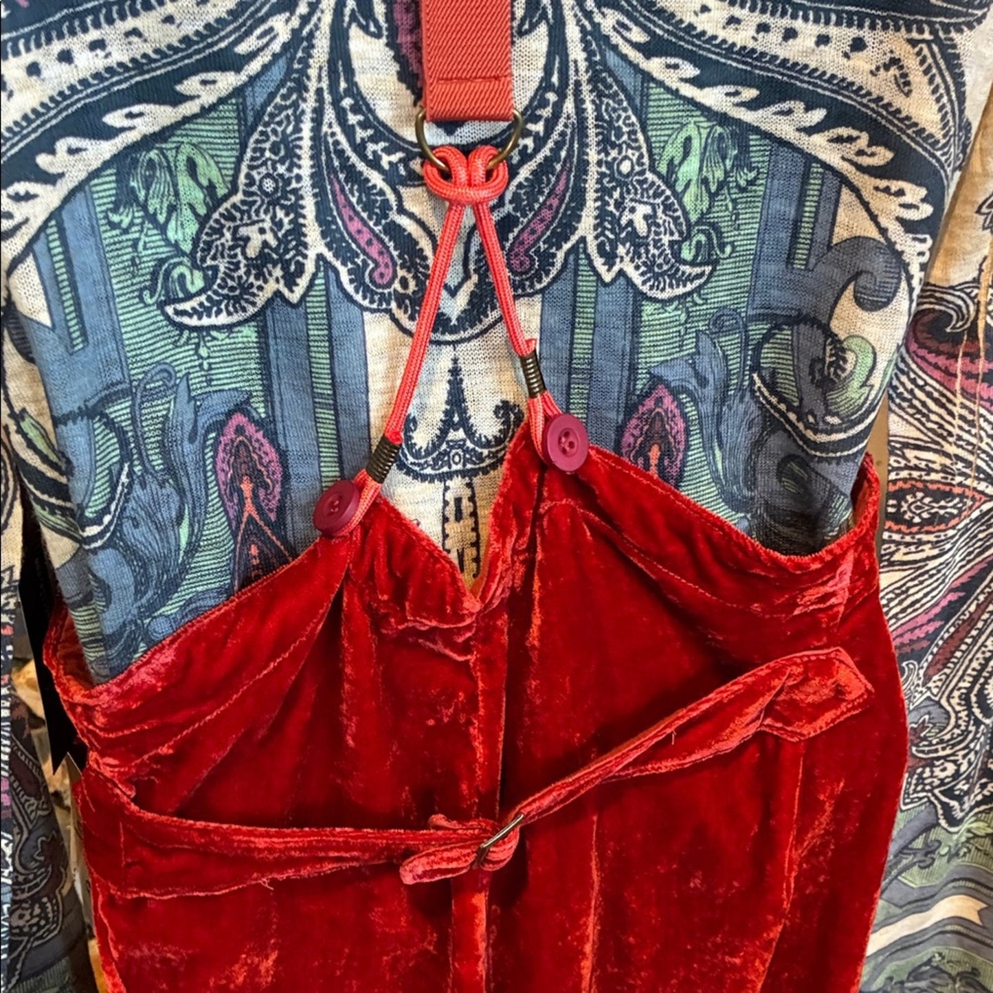 Vintage Copper Velvet Suspender Pants – Adjustable Straps – Retro Holiday Style
