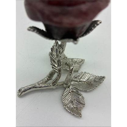 Carved Rose Sculpture on Silver-Tone Leaf Stem - Deep Mahogany Rock