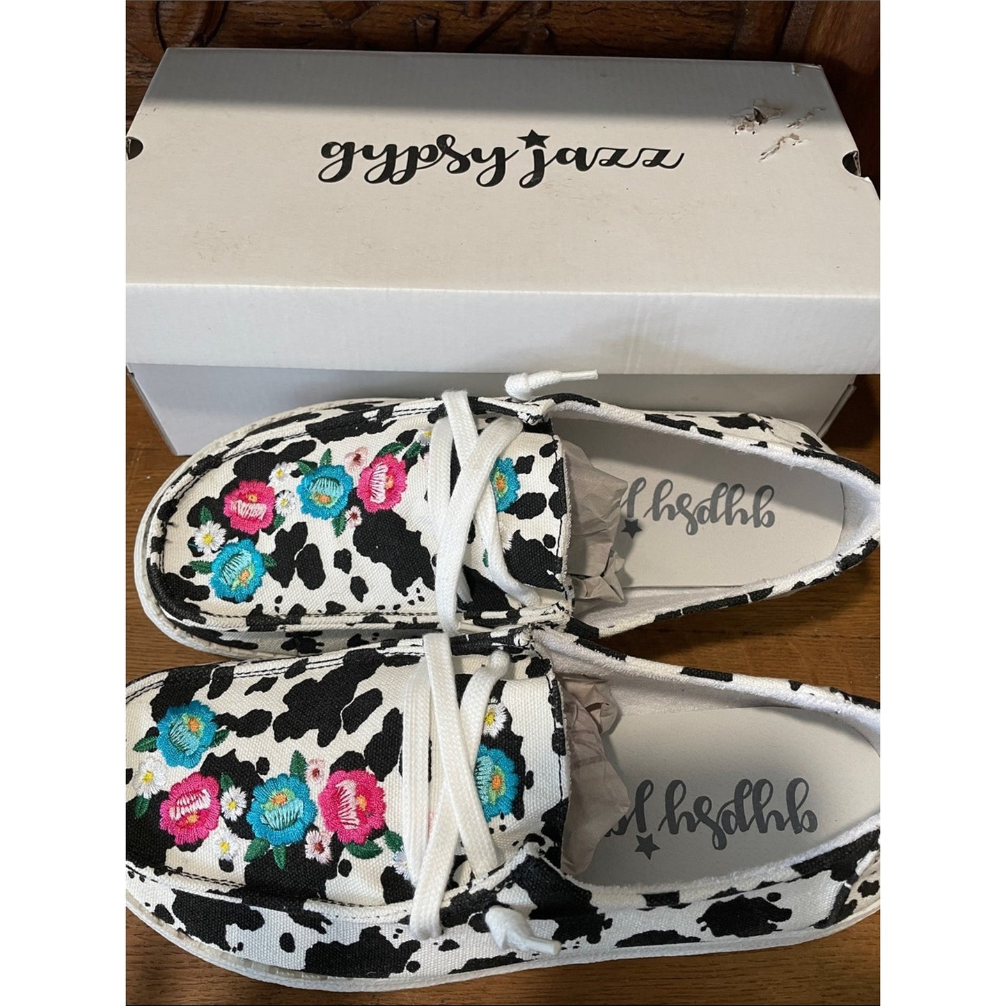 Gypsy Jazz Cow Print Canvas Shoes with Pink & Teal Floral Embroidery