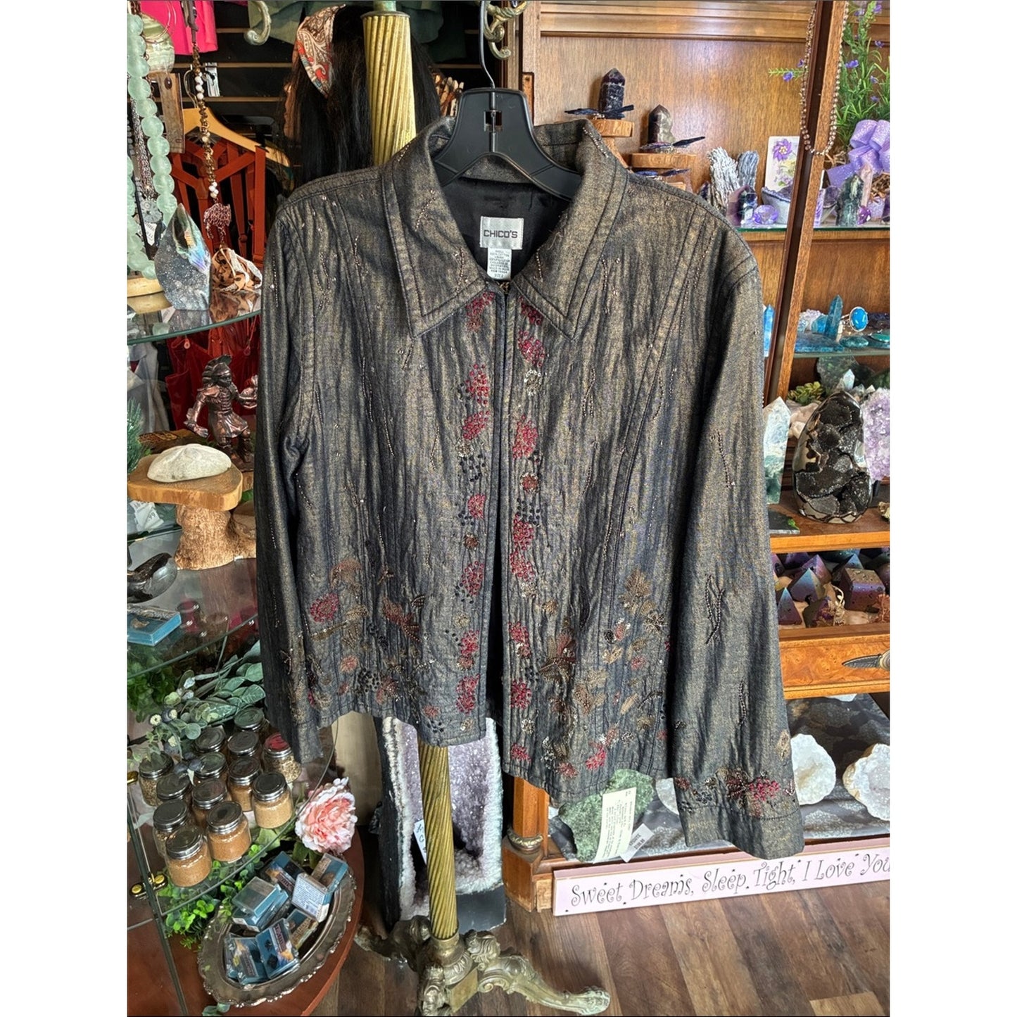 Chico's Black Metallic Floral Zip-Front Jacket