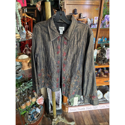 Chico's Black Metallic Floral Zip-Front Jacket