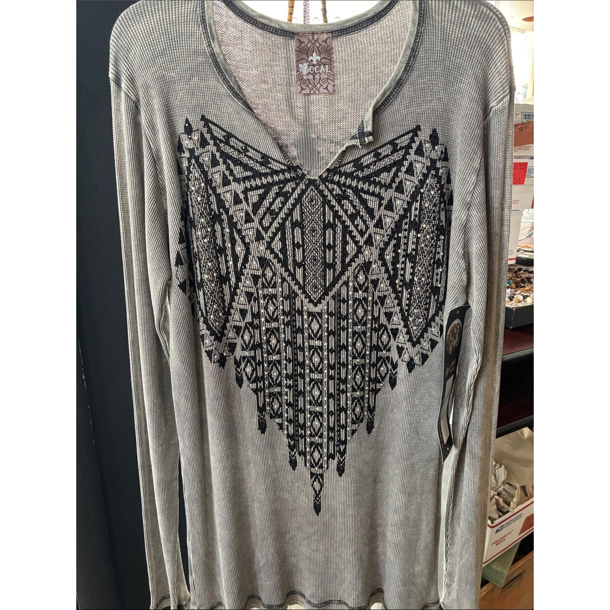 Vocal Gray Long Sleeve Waffle Knit Top with Black Geometric Aztec Print