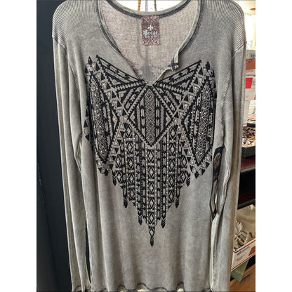 Vocal Gray Long Sleeve Waffle Knit Top with Black Geometric Aztec Print