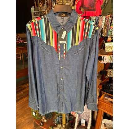 L&B Blue Denim Shirt with Multicolor Striped Yoke