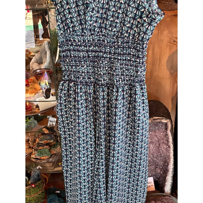 Blue Geometric Jumpsuit with Smocked Waist and pockets!