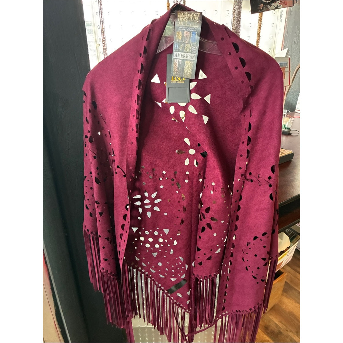 American Threads Deep Berry Suede-Look Fringe Poncho