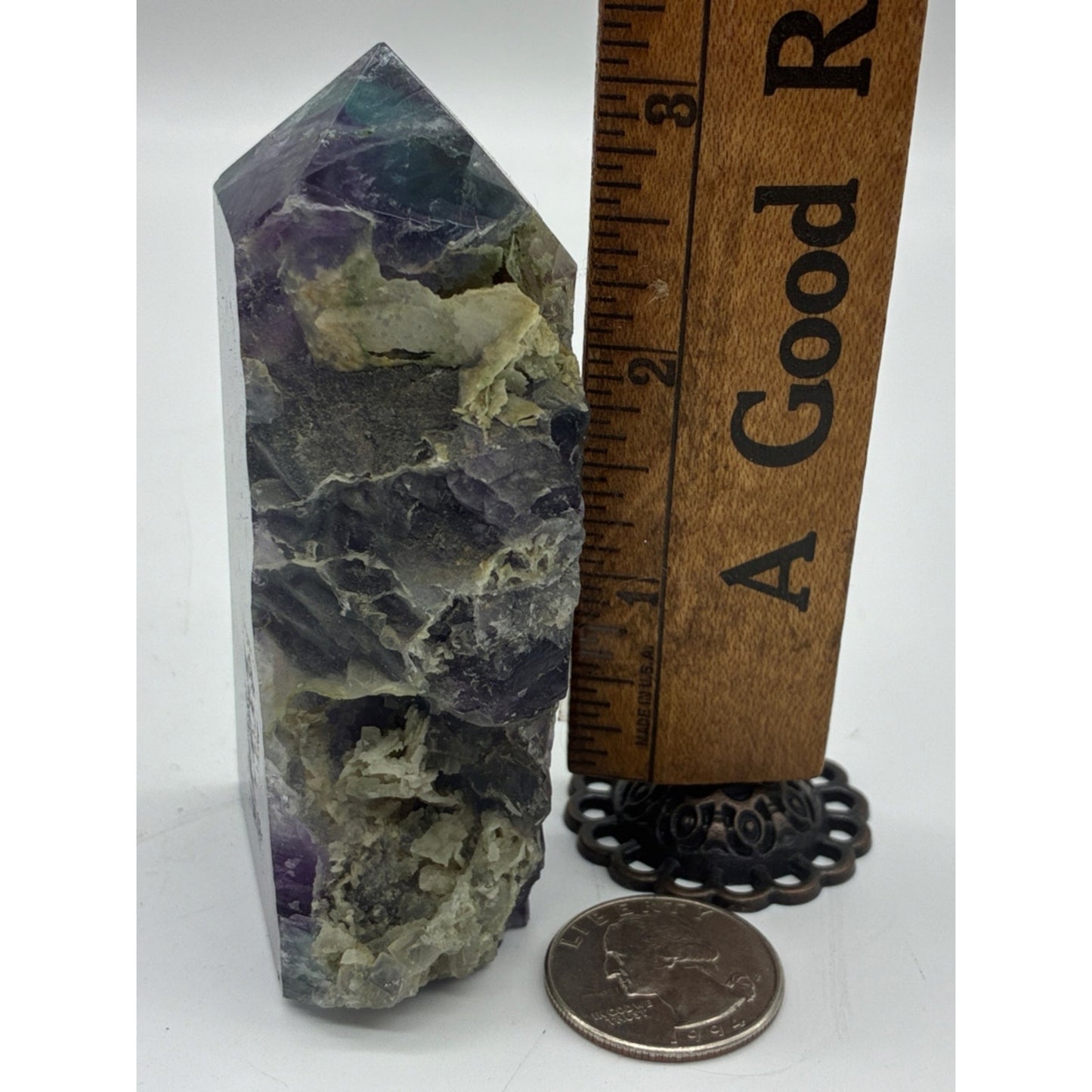 Polished Fluorite Point with Natural Matrix - Purple & Green Rock