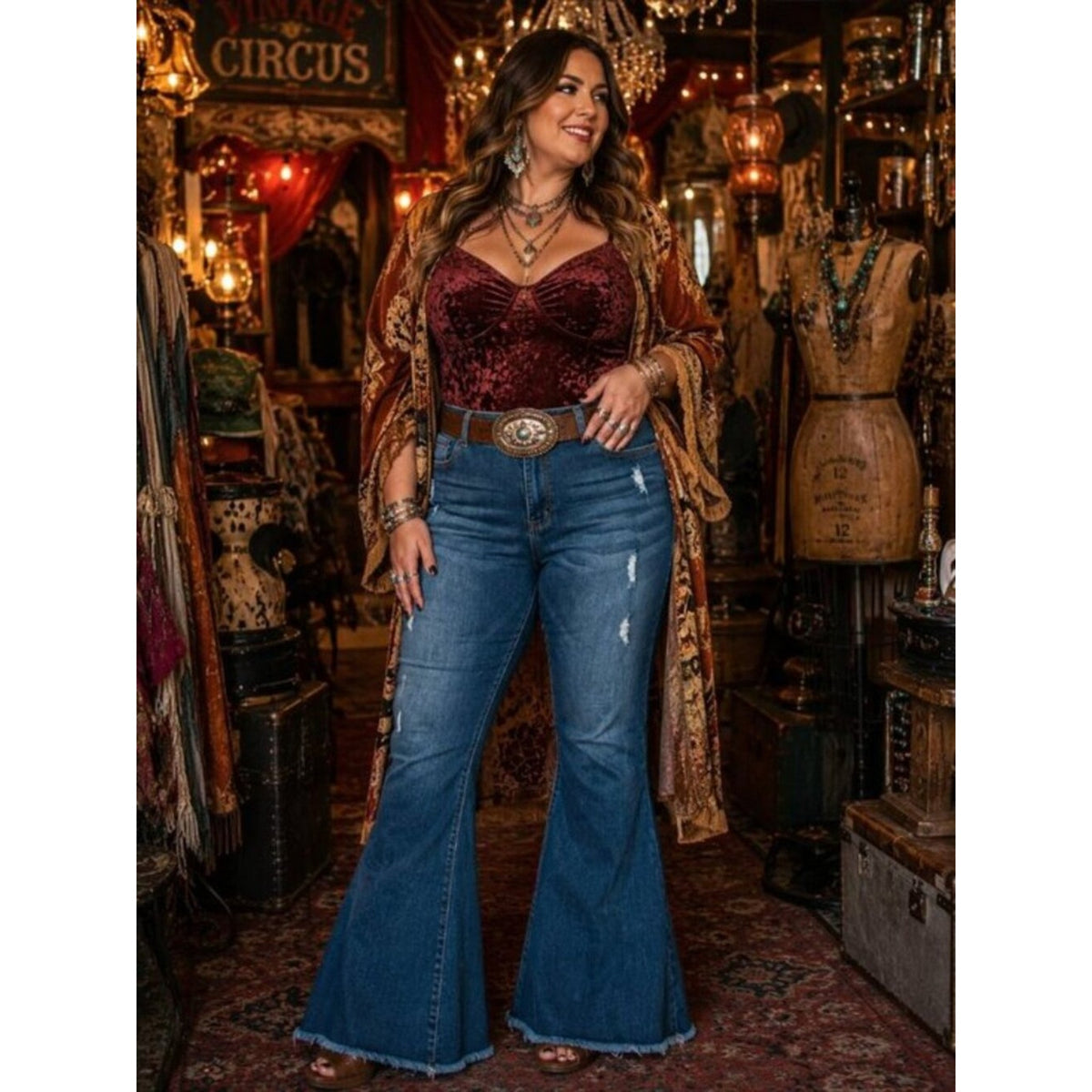 Lucky & Blessed Dark Blue Denim Flare Maxi Jeans plus size
