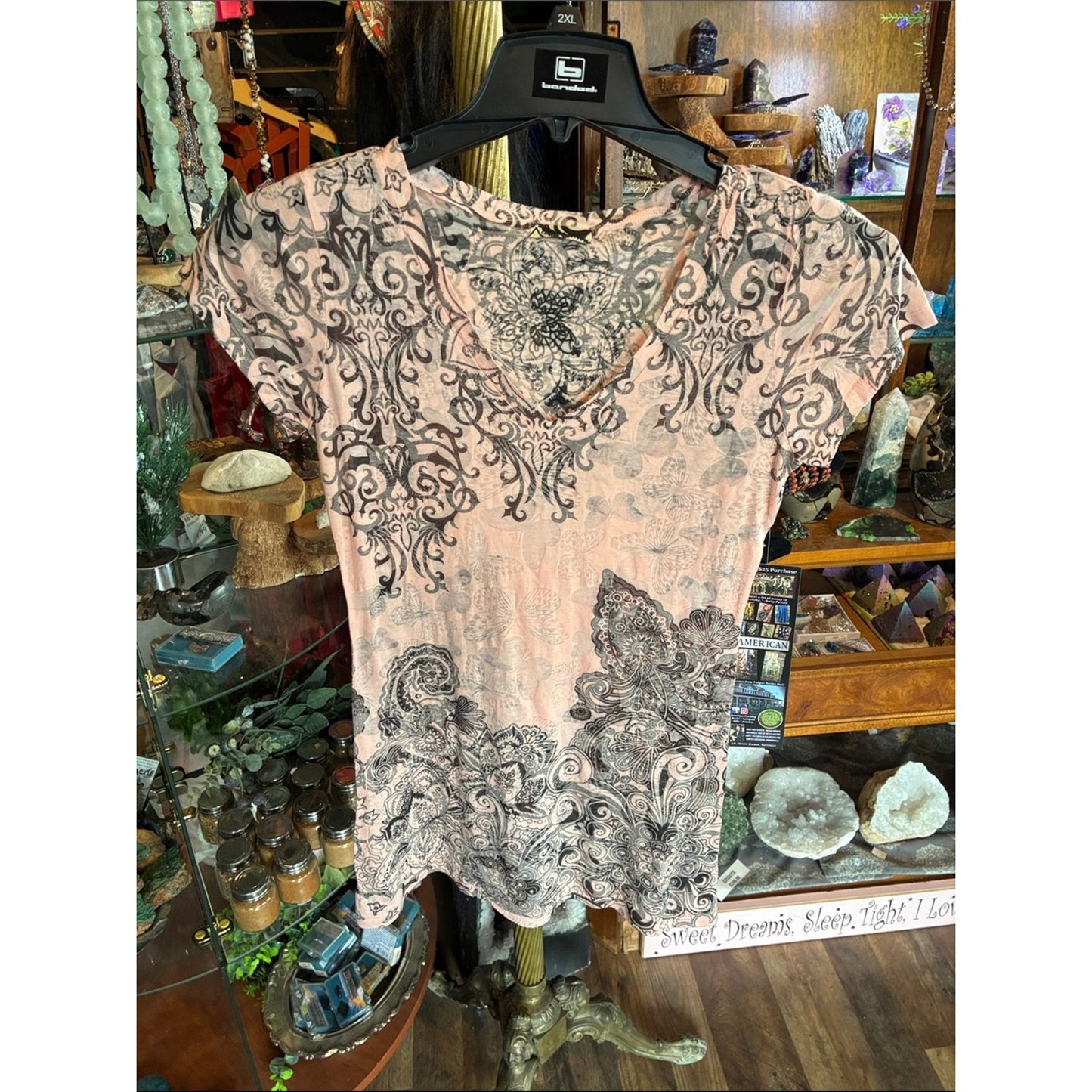 Women's Pink Printed V-Neck Top with Black Paisley Detail
