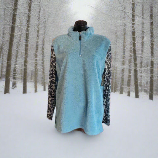 Cozy Blue Fleece Pullover with Leopard Print Sleeves