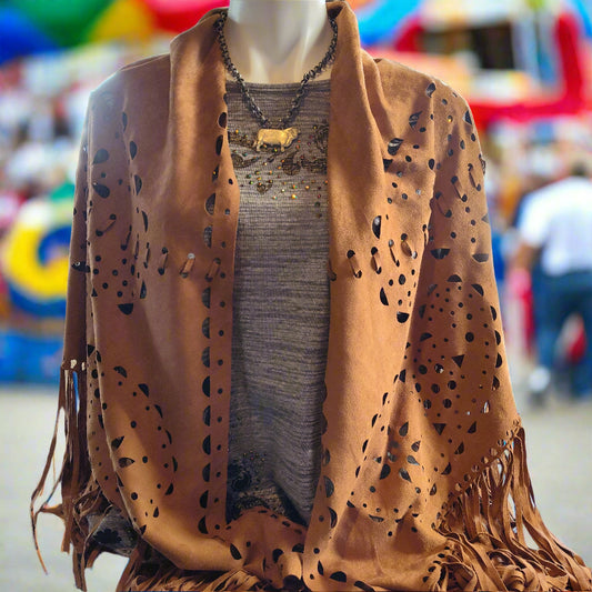 Faux Suede FRINGE Cut Shawl with Geometric Cutouts